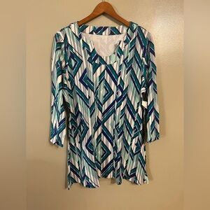 Kim Rogers Geometric Patterned Women's Tunic Top V Neck Blue 100% Cotton 1X NWT